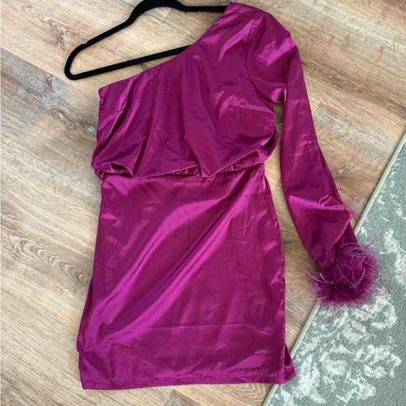 Lulus Magenta Satin One-Shoulder Feather Mini Dress - Picture 5 of 9
